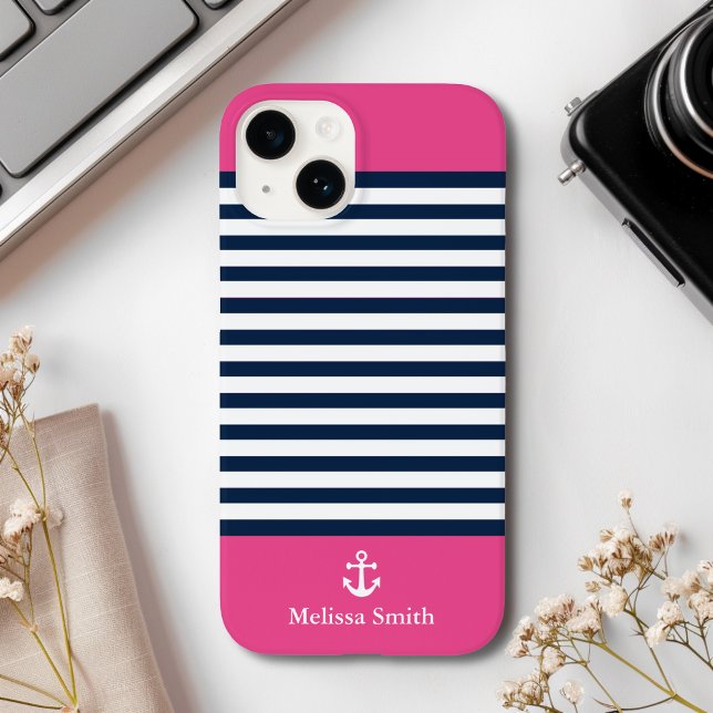 Coques Case-Mate iPhone Pattern Navy blue and white bands pink background (Créateur téléchargé)