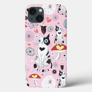 Etui iPhone 13 pattern of cats and flowers