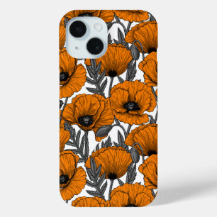 Coque Pour iPhone 15 Pavot orange sur blanc