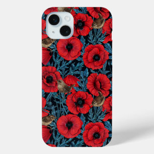 Coque iPhone 15 Mini Pavot rouge et brunes, feuilles bleus sur noir