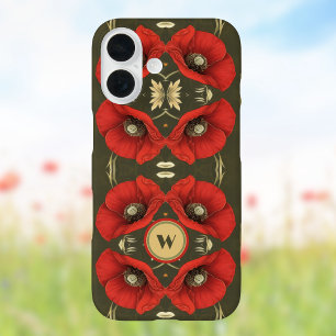Coque Pour iPhone 16 Pavots Monogramme Art Nouveau Rouge Or Vintage