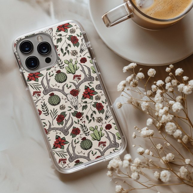 Coques Case-Mate iPhone Pays Ouest Noël Floral Cerf Tête Crâne (Chic Country Western Xmas Reindeer Head Skull, Red Roses, Poinsettias, Cacti, Festive Holly Berries.)