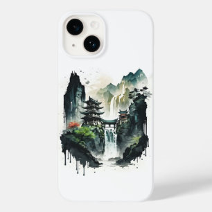 Coque Pour iPhone 14 Paysage antique de l'encre chinoise avec cascade