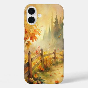 Coques iPhone 16 Plus Paysage automnal rustique à l'aquarelle