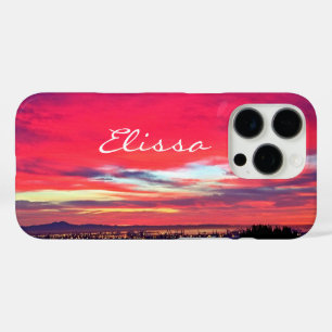 iPhone 16 Pro Case Paysage côtier rose chaud Sunset Nom du script Bol