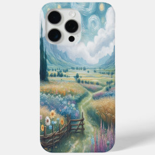 Coque iPhone 15 Pro Max Paysage serein : Fleurs florissantes et montagnes