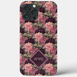 Case-Mate iPhone Case Peach Flowers on Purple Diamonds Monogramme