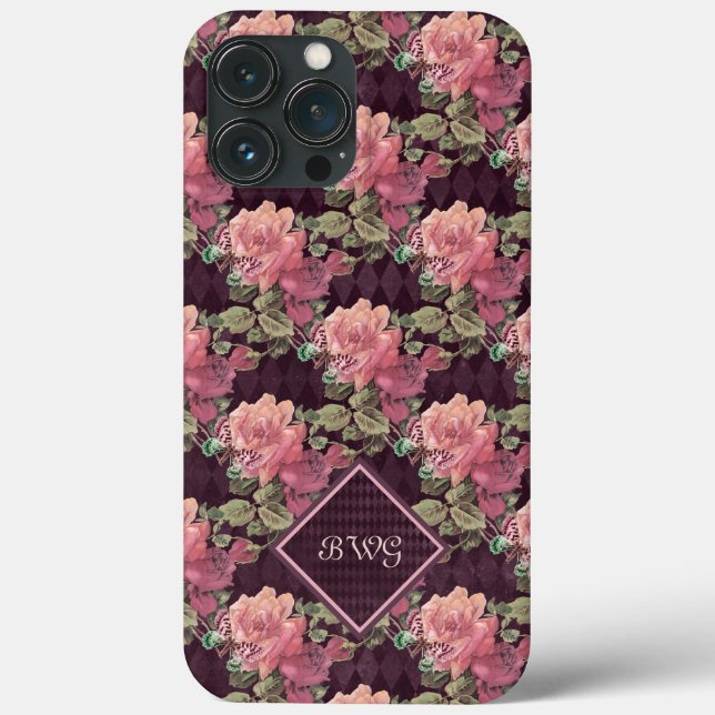 Coques Case-Mate iPhone Peach Flowers on Purple Diamonds Monogramme (Verso)