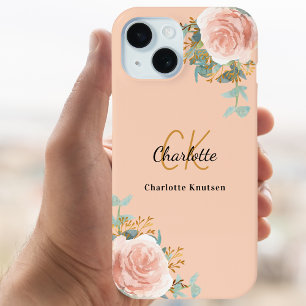 Coques iPhone 16 Pro Peach rose or floraux monogramme élégant
