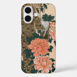 Coques iPhone 16 Peacock and Peonies de Hiroshige, Art japonais