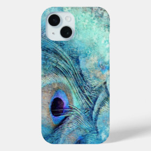 Coque Pour iPhone 15 Peacock plumes turquoise bleu violet marbre élégan