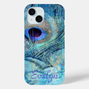 Coque Pour iPhone 15 Peacock plumes turquoise bleu violet marbre élégan