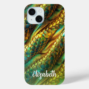 Coque Pour iPhone 15 Peau de serpent vert et or design ombre