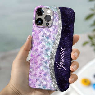 Coque Pour iPhone 16 Peau de sirène violet argent faux strass monogramm