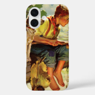 Coque Pour iPhone 16 Pêche à l'ancienne, garçon avec son chiot et ses v