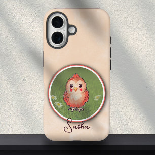 Coque Pour iPhone 16 Peinture de bébé oiseau rose mignon avec nom perso