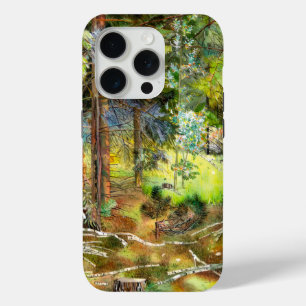 Coque iPhone 15 Pro Peinture de la forêt de pin aquarelle