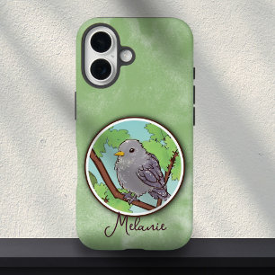 Coque Pour iPhone 16 Peinture d'oiseau vert gris mignon avec nom person