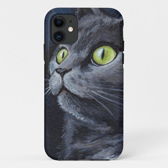 Coques Case-Mate iPhone Peinture grise aux yeux verts de chat (Dos)