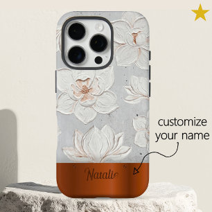 Coques iPhone 16 Pro Peinture Magnolia Blanc Métal Cuivre Nom Personnal