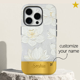 Coques iPhone 16 Pro Peinture Magnolia Blanc Or Jaune Nom Personnalisé