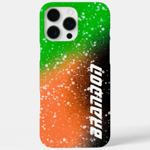 Coques iPhone 16 Pro Max Peinture Spray noir orange et vert nom
