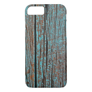 Coques Pour iPhone peinture turquoise défraîchie sur bois rustique