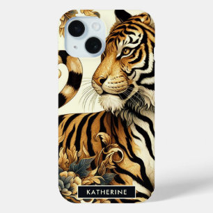 Coque Pour iPhone 15 Peinture vintage de tigre d'or