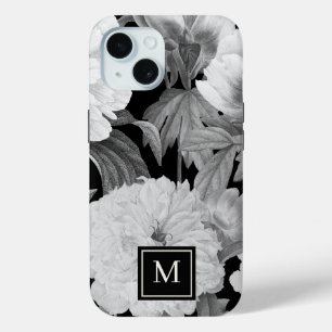 Coque Pour iPhone 15 Peonies noires et blanches Aquarelle Monogramme fl