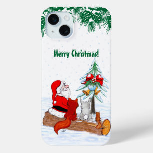 Coque iPhone 15 Mini Père Noël avec Renard de lapin et écureuil