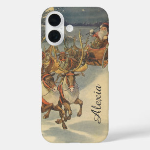 Coques iPhone 16 Père Noël de Noël vintage avec traîneau et rennes