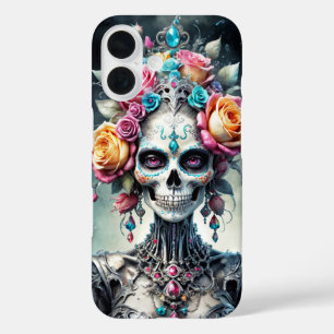 Coque Pour iPhone 16 Père Noël Muerte crâne avec couverture de fleurs c