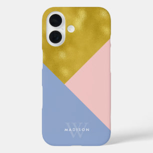 Coque Pour iPhone 16 Périwinkle rose souple et Faux Gold Monogrammé