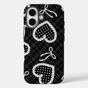 Coque Pour iPhone 16 Perle esthétique encadrée pois cœur & nœud blanc