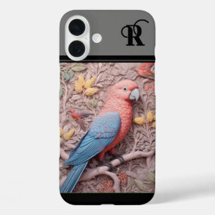 Coques iPhone 16 Plus Perroquet et fleurs 3D modernes monogramés