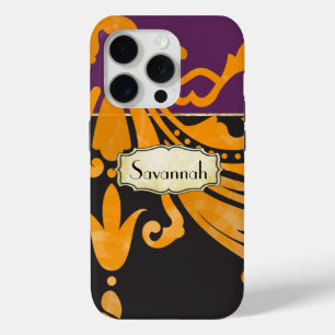 Coque iPhone 15 Pro Personalisé Damask Purple Yellow Gold Floral