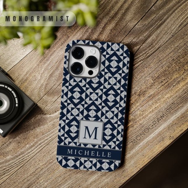 Coques Case-Mate iPhone Personnalisable bleu marine clair gris géométrique (Customizable Dark Navy Blue Light Grey Geometric Case-Mate iPhone Case)