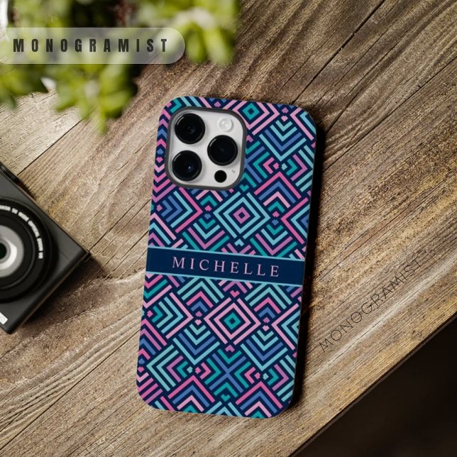 Coques Case-Mate iPhone Personnalisable Lumineuse Bleu foncé rose géométri (Customizable Bright Light Dark Blue Pink Geometric Case-Mate iPhone Case)