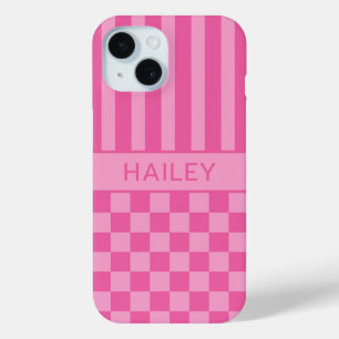 Coque Pour iPhone 15 Personnalisé à rayures à carreaux roses