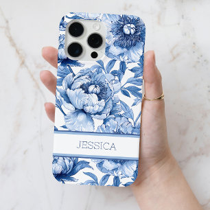 Coque iPhone 15 Pro Max Personnalisé Blue Floral Chinoiserie Fleurs Nom