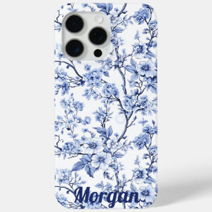 Coque iPhone 15 Pro Max Personnalisé Élégant Français Vintage bleu Floral