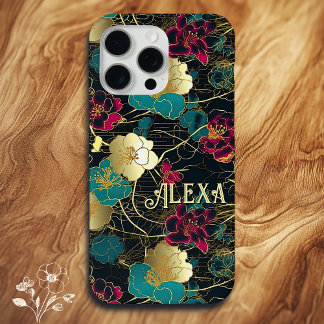 Coque iPhone 15 Pro Max Personnalisé Élégant Gras Floral avec Accents Or