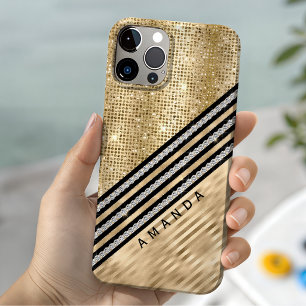 Coque Pour iPhone 15 Personnalisé faux cristal et paillettes dorées élé