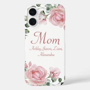 Coque Pour iPhone 16 Personnalisé Maman Rose Roses Floral 4 à 8 Noms d'