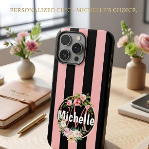Coques iPhone 16 Pro Max Personnalisé Noir Rose Rayé Floral Nom Personnalis