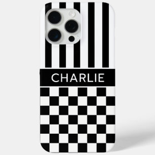 Coque iPhone 15 Pro Max Personnalisé rayé à carreaux noir et blanc