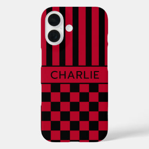 Coque Pour iPhone 16 Personnalisé rayé à carreaux noir et rouge