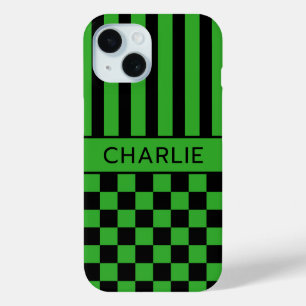 Coque Pour iPhone 15 Personnalisé rayé à carreaux noir et vert