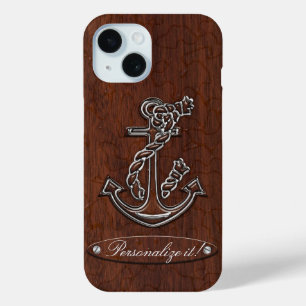 Coque Pour iPhone 15 Personnalisez-le ! Acier Ancre en acajou marin hum
