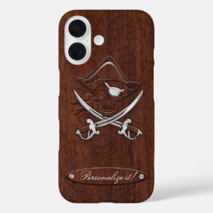Coque Pour iPhone 16 Personnalisez-le ! Crâne de pirate d'acajou marin 